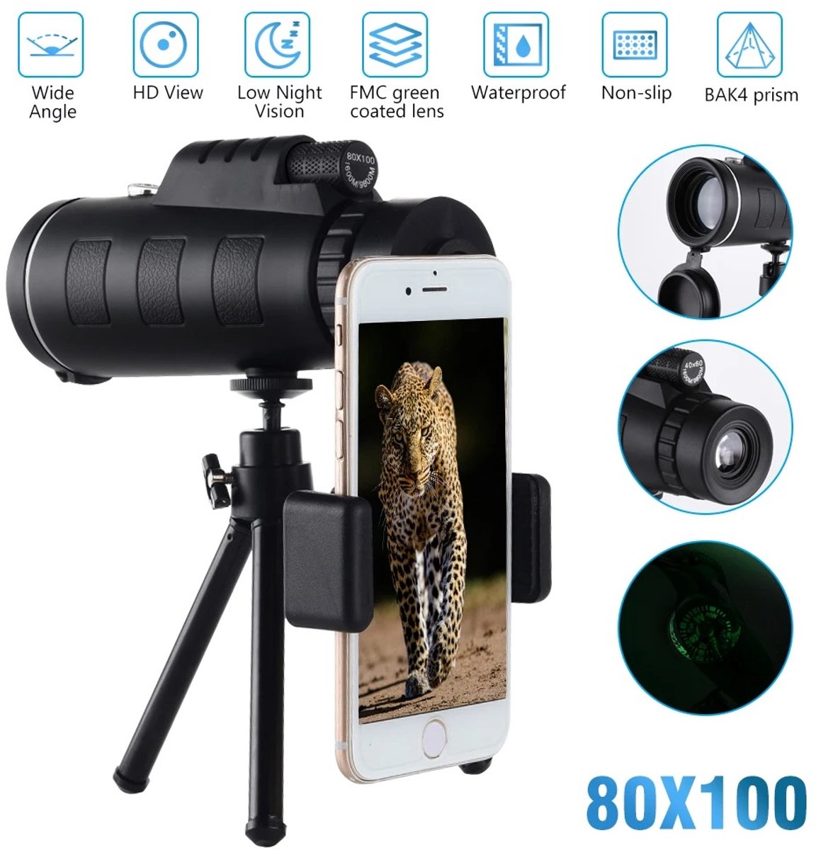 Sterrenkijker Telescoop 80x100 HD met Ministatief en Telefoonadapter
