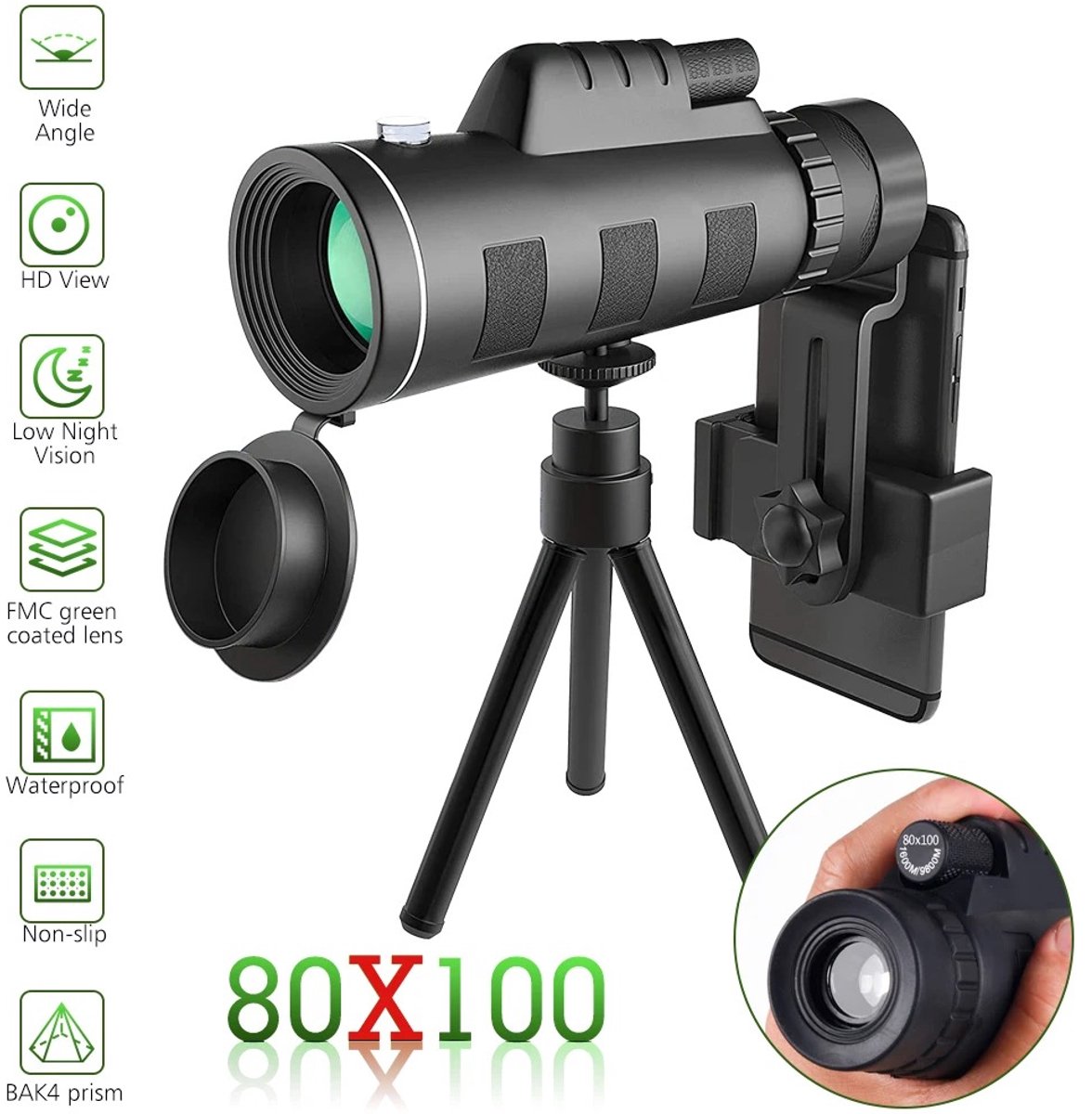 Sterrenkijker Telescoop 80x100 HD met Ministatief en Telefoonadapter