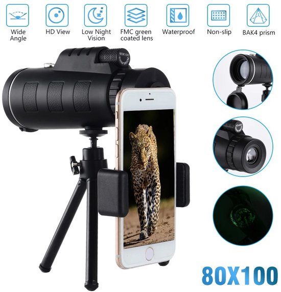 Sterrenkijker Telescoop 80x100 HD met Ministatief en Telefoonadapter
