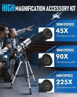 Telescoop 90 mm met statief, telefoonadapter en maanfilter