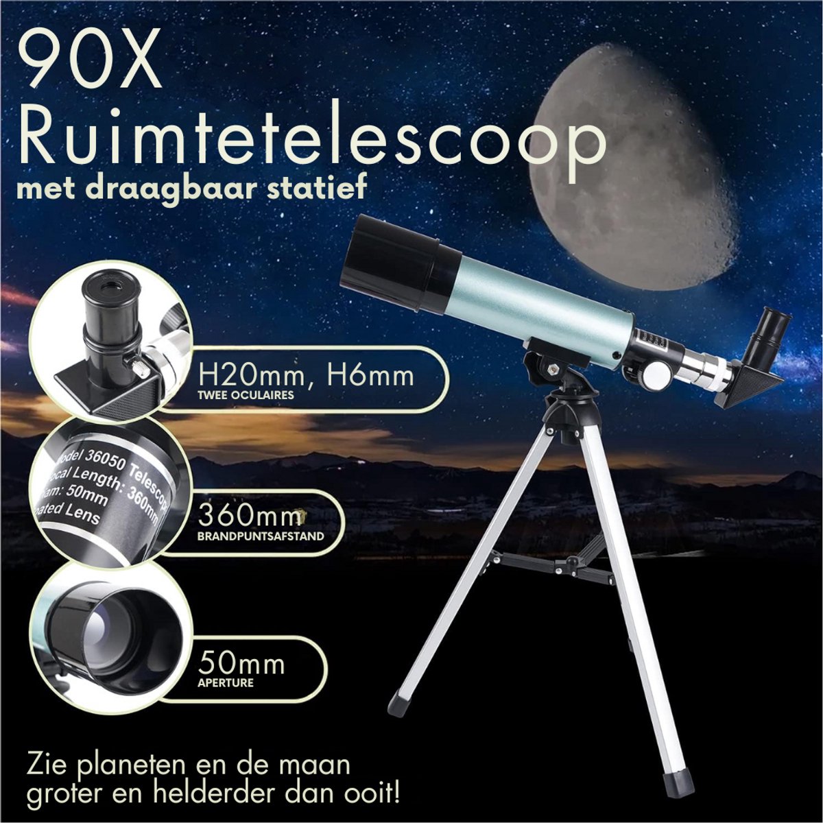 Zavira Telescoop Maan Zoom 90X Zwart