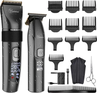 Hatteker Professionele Tondeuse Set – Haartrimmer & Baardtrimmer voor Heren – T-Blade Precisietrimmer – IPX7 Waterdicht – Inclusief Schaar en Knipcape – Zwart