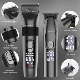 Hatteker Professionele Tondeuse Set – Haartrimmer & Baardtrimmer voor Heren – T-Blade Precisietrimmer – IPX7 Waterdicht – Inclusief Schaar en Knipcape – Zwart