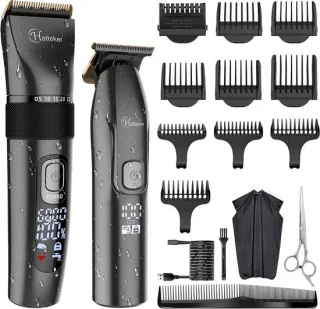Hatteker Professionele Tondeuse Set – Haartrimmer & Baardtrimmer voor Heren – T-Blade Precisietrimmer – IPX7 Waterdicht – Inclusief Schaar en Knipcape – Zwart