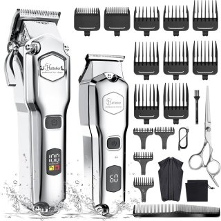 De Hatteker Professionele Tondeuse Set voor Heren – Baardtrimmer & Haartrimmer – Met Schaar & Kapperscape – IPX7 Waterdicht – USB Oplaadbaar – T-Blade Trimmer(Zilver) in één oogopslag