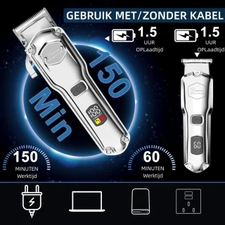 Hatteker Professionele Tondeuse Set voor Heren – Baardtrimmer & Haartrimmer – Met Schaar & Kapperscape – IPX7 Waterdicht – USB Oplaadbaar – T-Blade Trimmer(Zilver)
