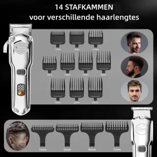 Hatteker Professionele Tondeuse Set voor Heren – Baardtrimmer & Haartrimmer – Met Schaar & Kapperscape – IPX7 Waterdicht – USB Oplaadbaar – T-Blade Trimmer(Zilver)
