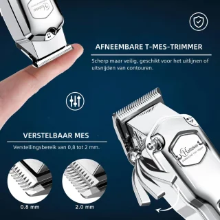 Hatteker Professionele Tondeuse Set voor Heren – Baardtrimmer & Haartrimmer – Met Schaar & Kapperscape – IPX7 Waterdicht – USB Oplaadbaar – T-Blade Trimmer(Zilver)