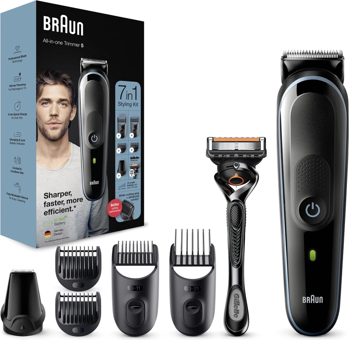 De Braun MGK5345 7in1 Trimmer Zwart/Blauw in één oogopslag