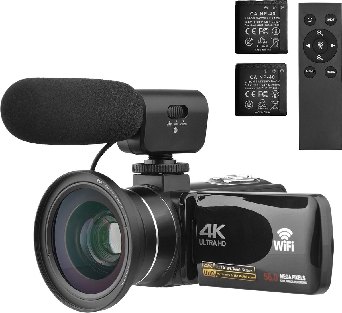 De AB Shop 4K Videocamera met Touchscreen en Accessoires in één oogopslag