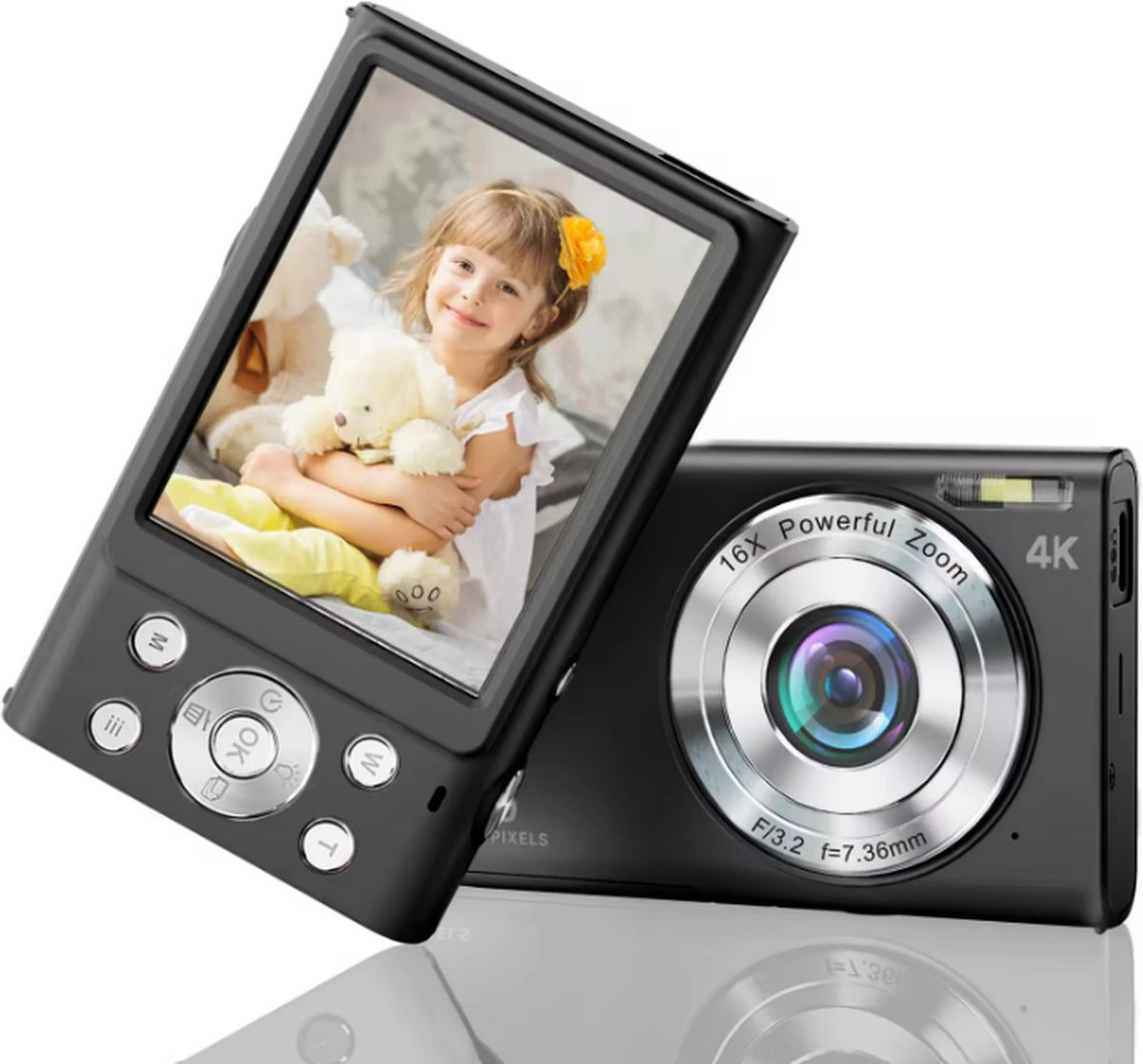De Digitale compactcamera 4K zwart met 2 batterijen in één oogopslag