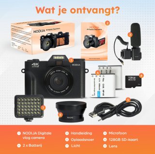 NODIJA Digitale Vlog Camera 4K met Flip-screen en 128GB SD-kaart
