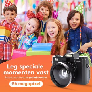 NODIJA Digitale Vlog Camera 4K met Flip-screen en 128GB SD-kaart