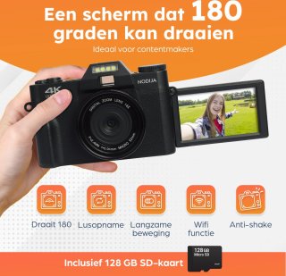 NODIJA Digitale Vlog Camera 4K met Flip-screen en 128GB SD-kaart