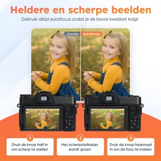 NODIJA Digitale Vlog Camera 4K met Flip-screen en 128GB SD-kaart