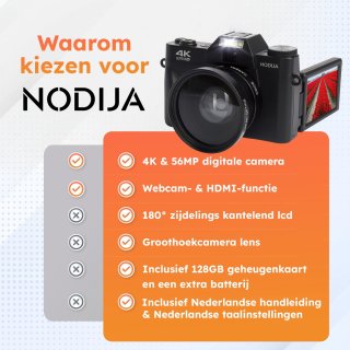 NODIJA Digitale Vlog Camera 4K met Flip-screen en 128GB SD-kaart