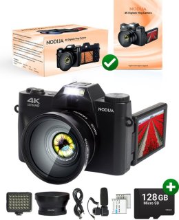 NODIJA Digitale Vlog Camera 4K met Flip-screen en 128GB SD-kaart