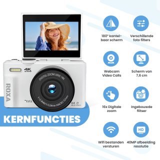 Roxa 4K Vlogcamera met Flip Screen en 32GB SD-kaart