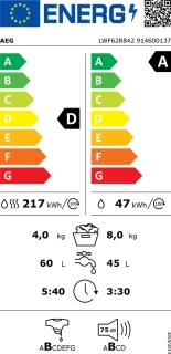 AEG LWF62R842 6000 OneGo Was-droogcombinatie 8 kg