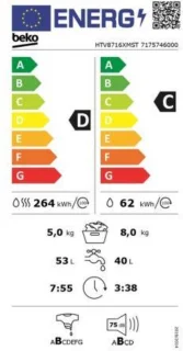 Beko HTV8716XMST Was-droogcombinatie Grijs 8/5 kg