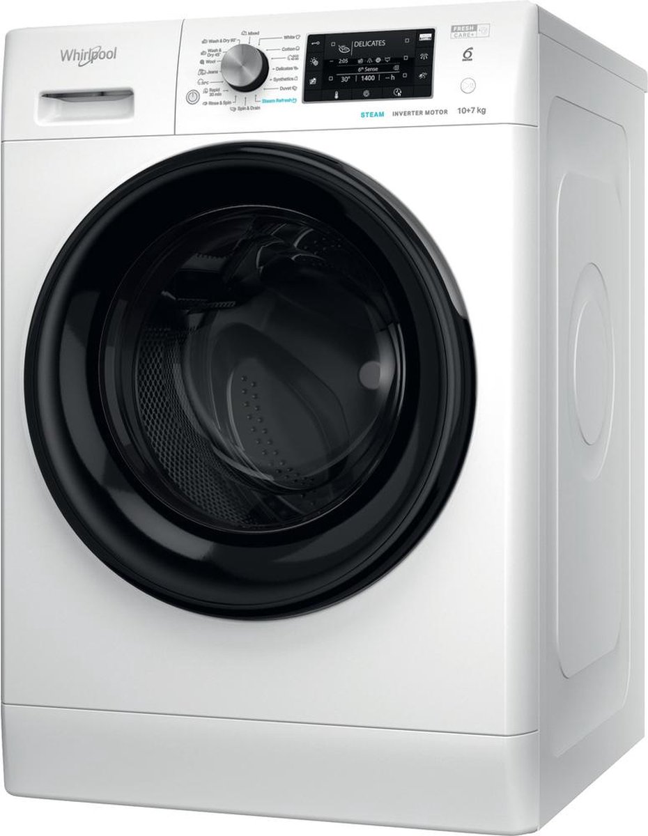 De Whirlpool FFWDD1076258B Was-droogcombinatie Vrijstaand Wit Zwart in één oogopslag